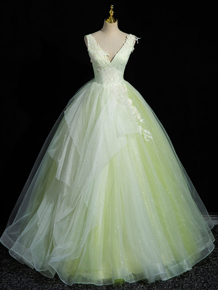 A-Line V Neck Tulle Lace Long Prom Dress, Green Long Formal Dress