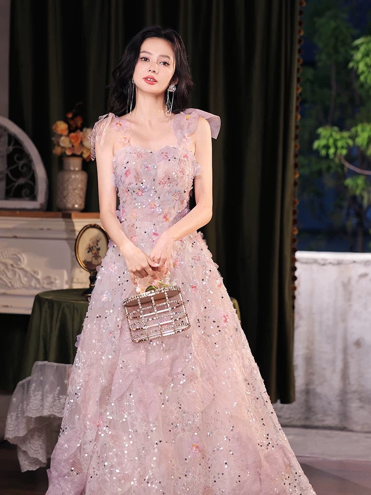 Long A-line Sweetheart Tulle Lace Prom Dress Pink Lace Formal Evening Gowns