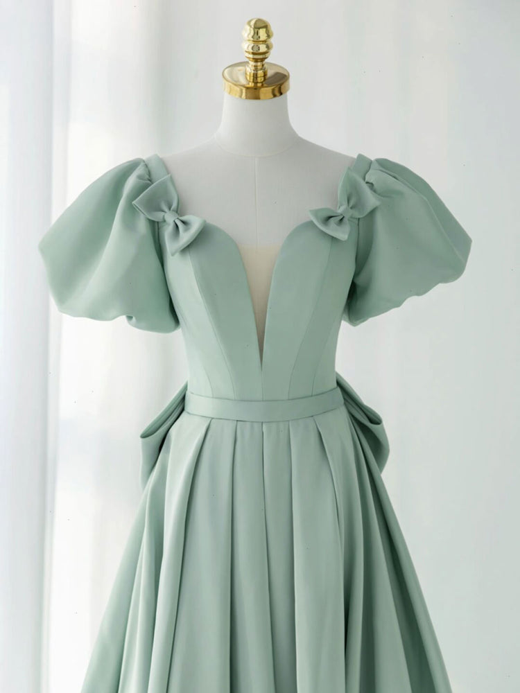 A-Line Green Satin Long Prom Dress, Green Long Evening Dress