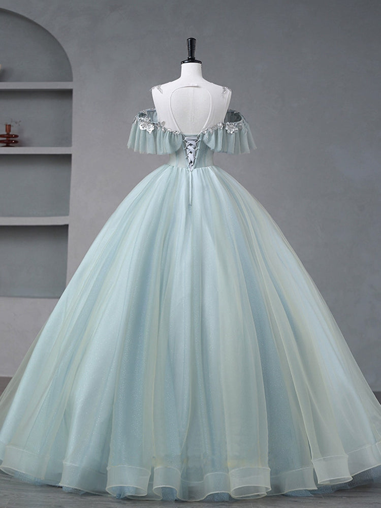 A-Line Blue Tulle Sequin Lace Long Prom Dress, Blue Formal Dress