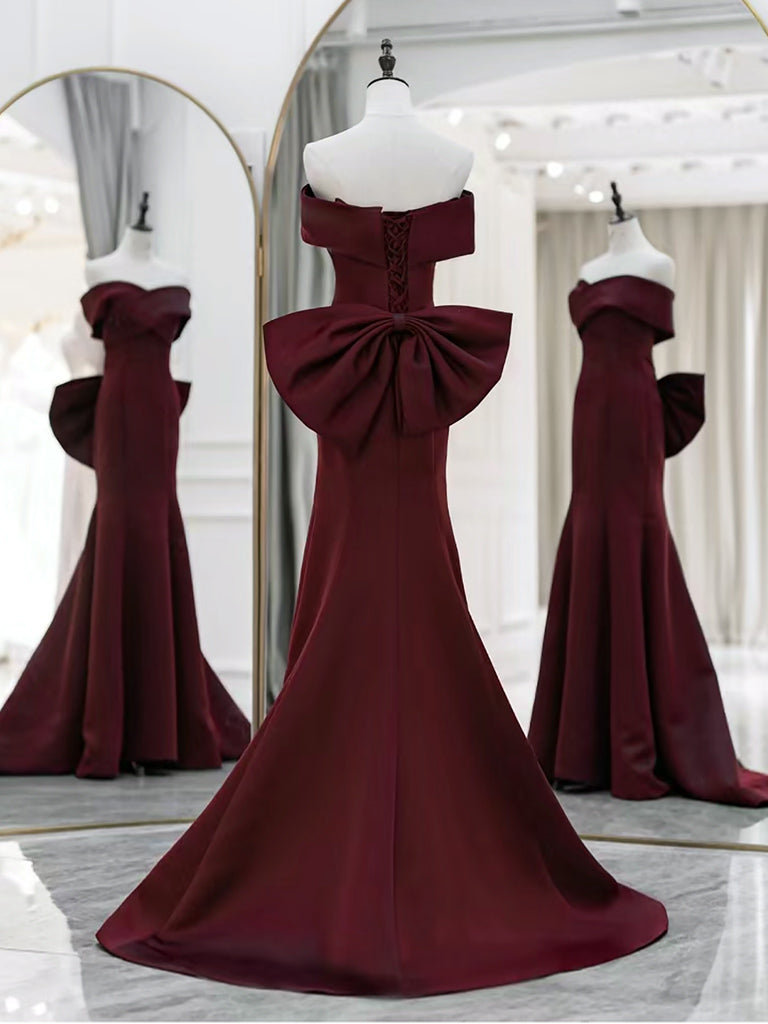 Pretty Mermaid Off The Shoulder Burgundy Satin Long Evening Dress Prom Dresses