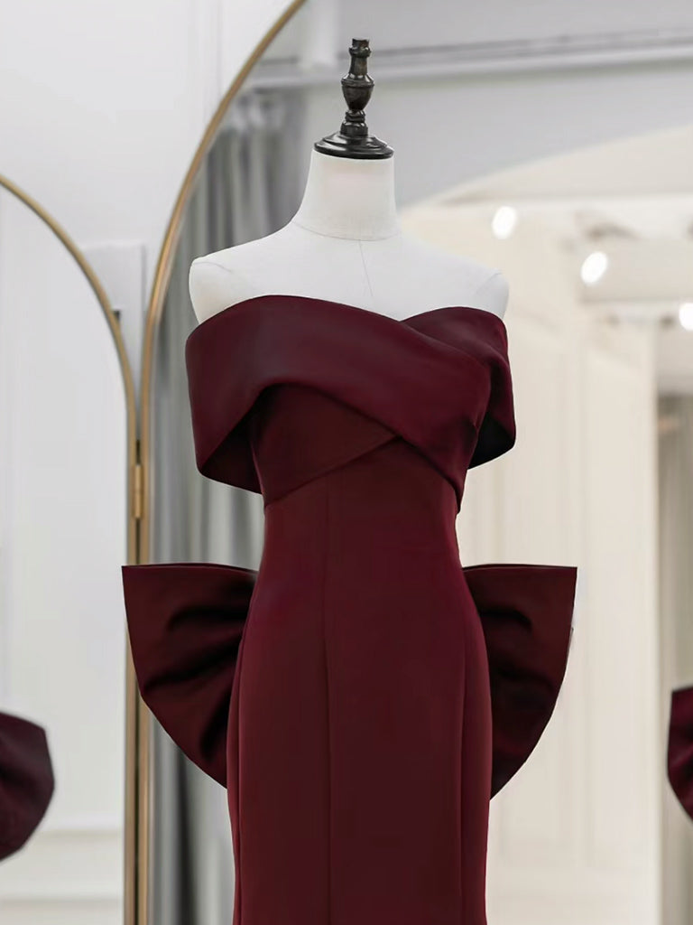 Burgundy Off Shoulder Mermaid Satin Long Party Dress Simple Evening Dress, DP5072