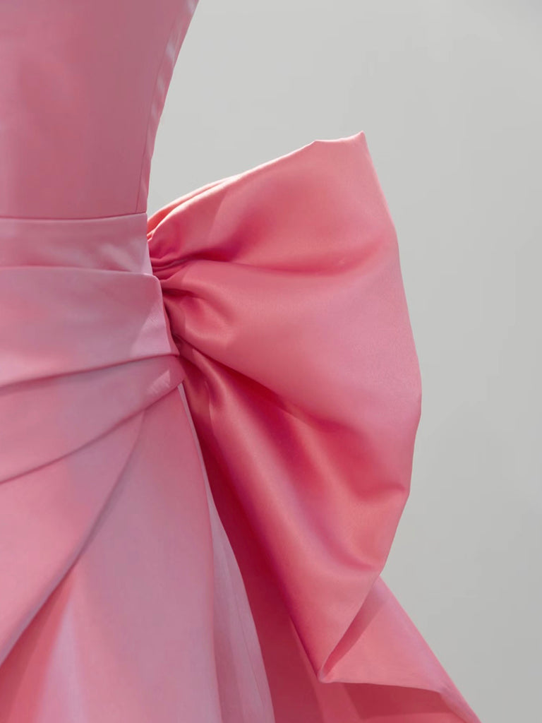 Short Sleeves Square A Line Flowers Pink Satin Prom Dress main image 1