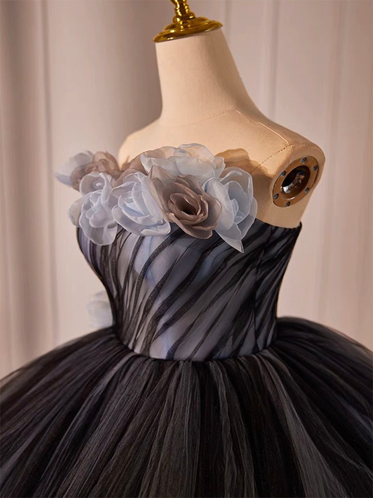 Black Tulle Flower Long Prom Gown, Black Sweet 16 Dress