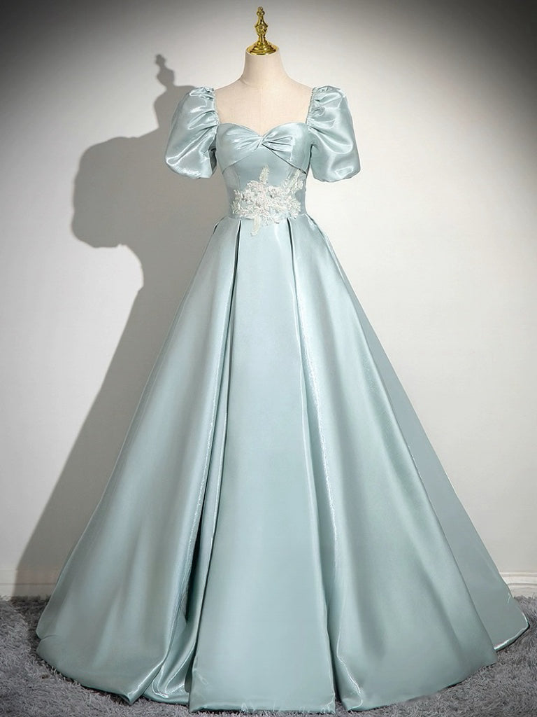 Red One Shoulder Puff Sleeve A-line Satin Long Prom Dress,DP027