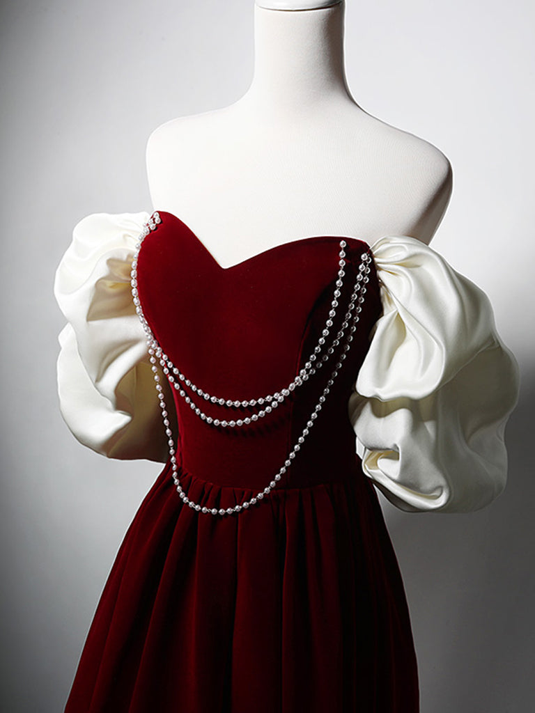 Burgundy Black Velvet Long Sleeve Beading Formal Prom Dress main image 1