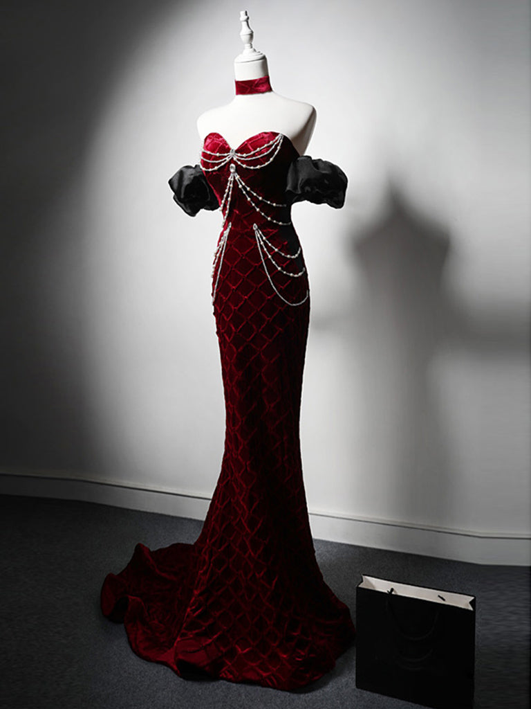 Burgundy Mermaid Sweetheart Corset Long Prom Dress with Slit