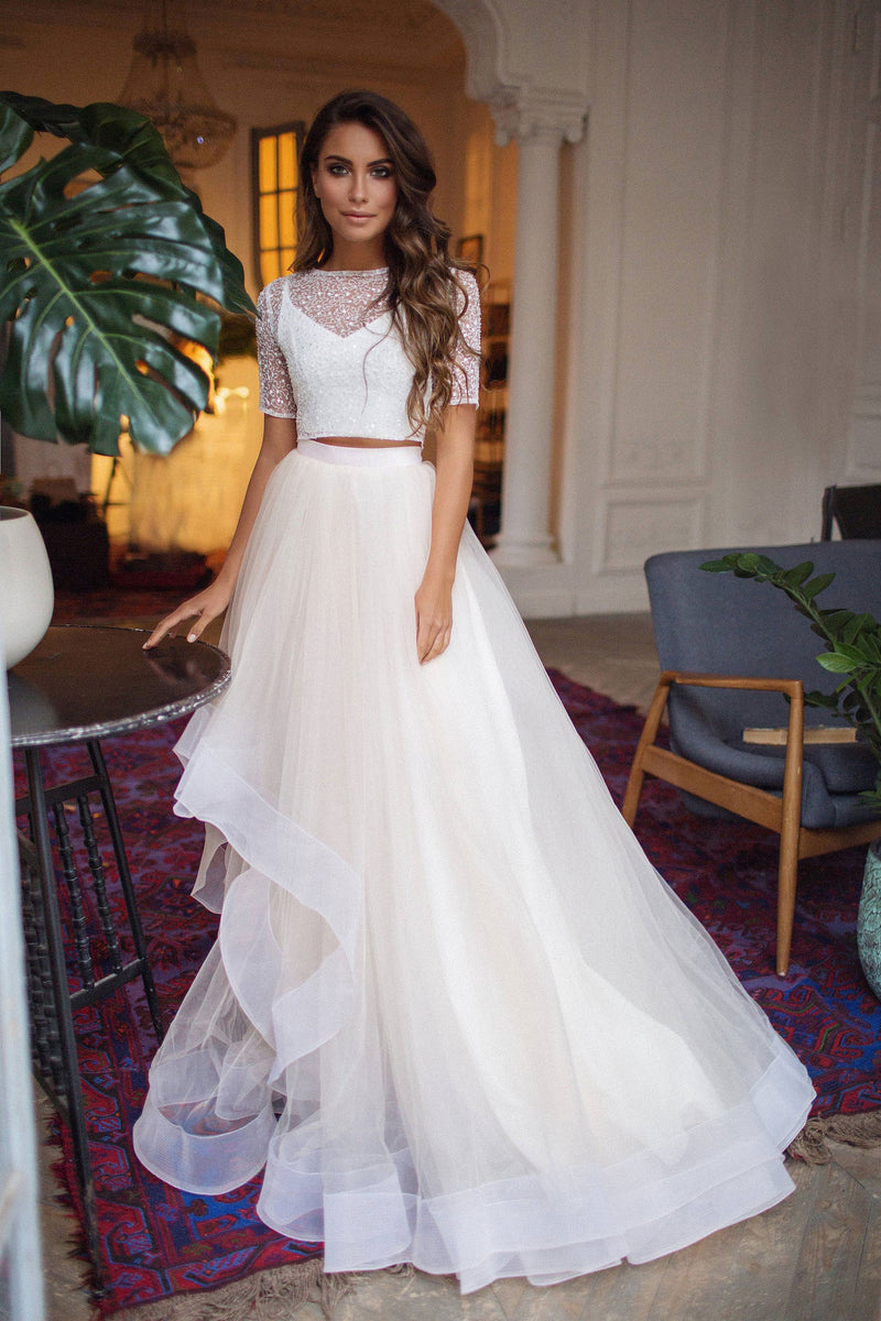 Beige two pieces tulle long prom dress beige formal dress – shdress