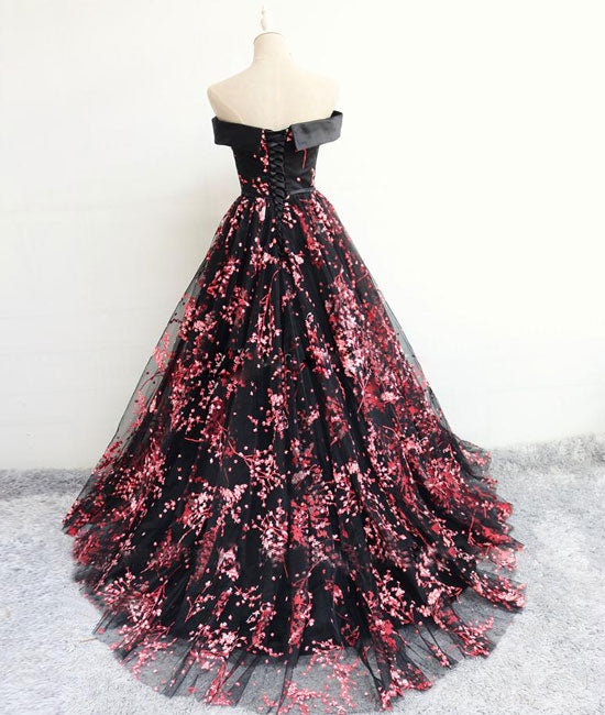 Black Tulle Lace Long Prom Dress, Black Scoop Neckline Evening Party Dress