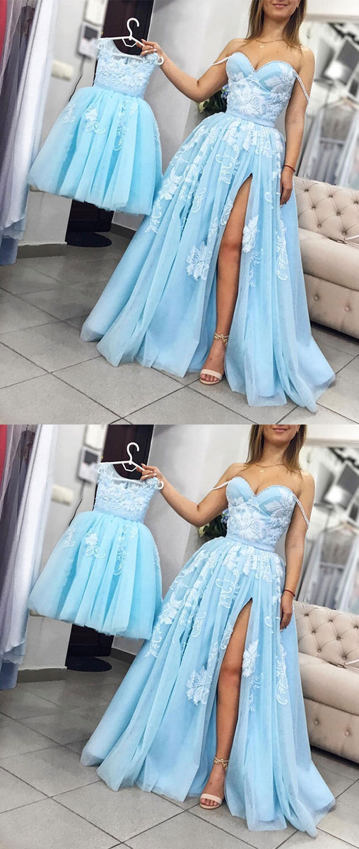 Tulle Lace Long Prom Dress, Blue Short Sleeve Evening Dress main image 0
