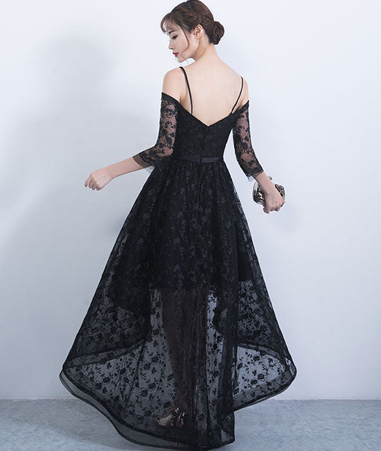 Black sweetheart lace high low prom dress, lace evening dress - shdress