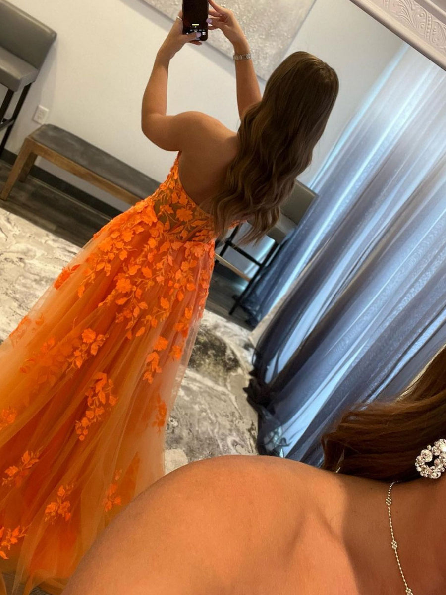 Dark Orange Tulle Tea Length Sexy Plunging Neck Dress