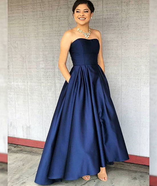 Simple dark blue satin prom dress, dark blue evening dress – shdress