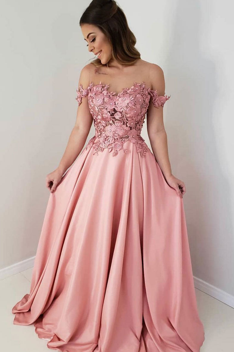 Pink off shoulder lace long prom dress, lace bridesmaid dress