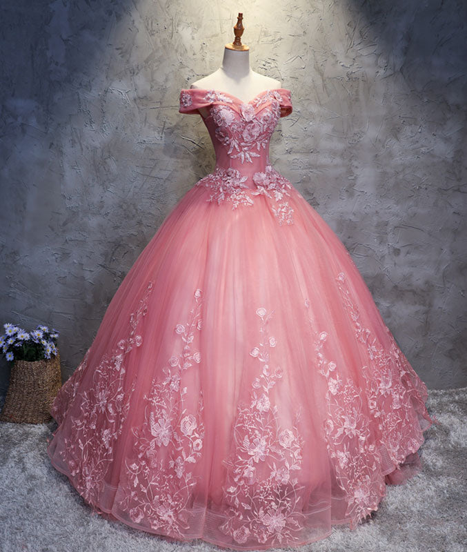 Pink Sweetheart Tulle Prom Dress, Pink Tulle Sweet 16 Dress