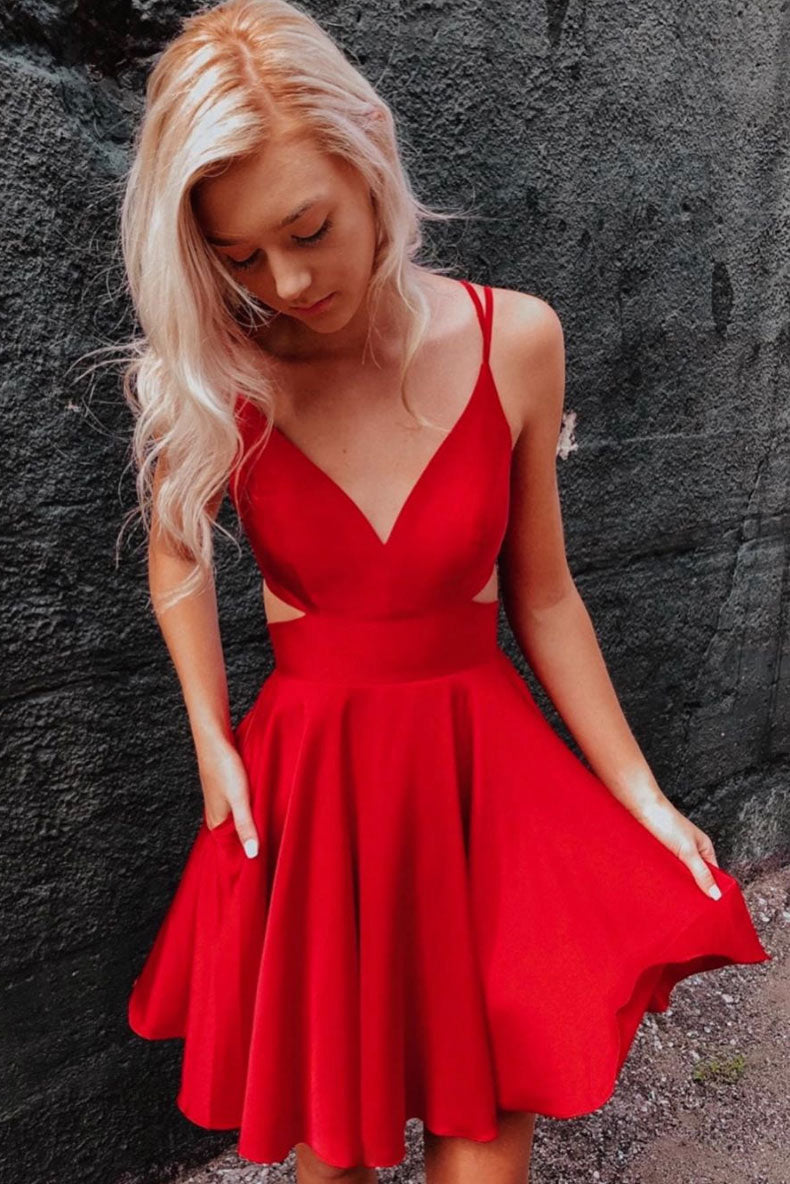 Red v neck satin short prom dress red homecoming dress – shdress