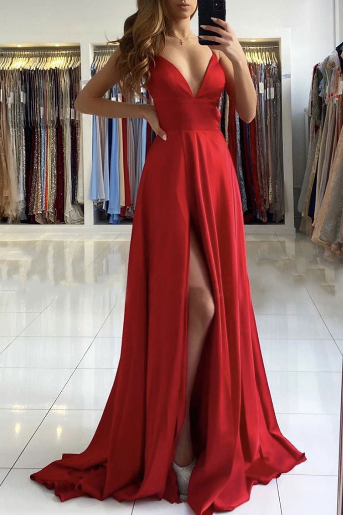 Simple red v neck satin long prom dress red evening dress – shdress