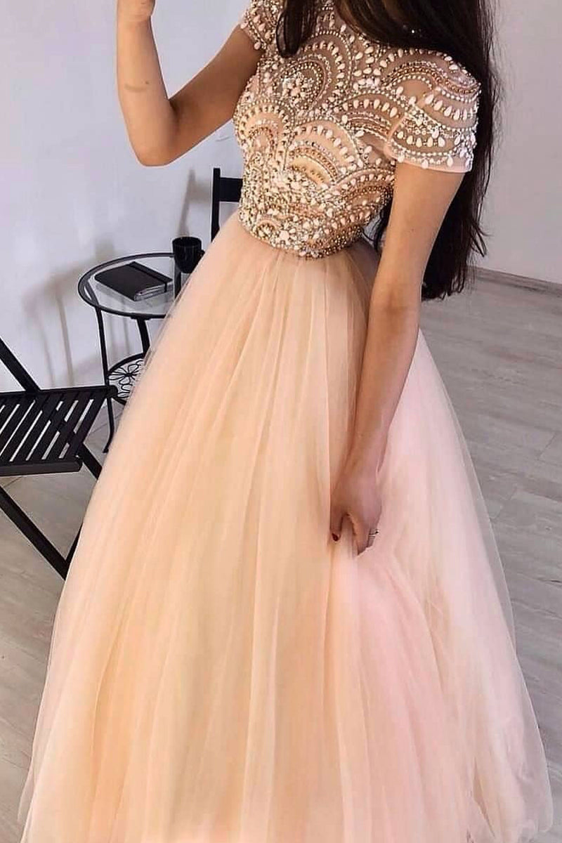 Round Neck Tulle Beads Long Prom Dress Evening Dress