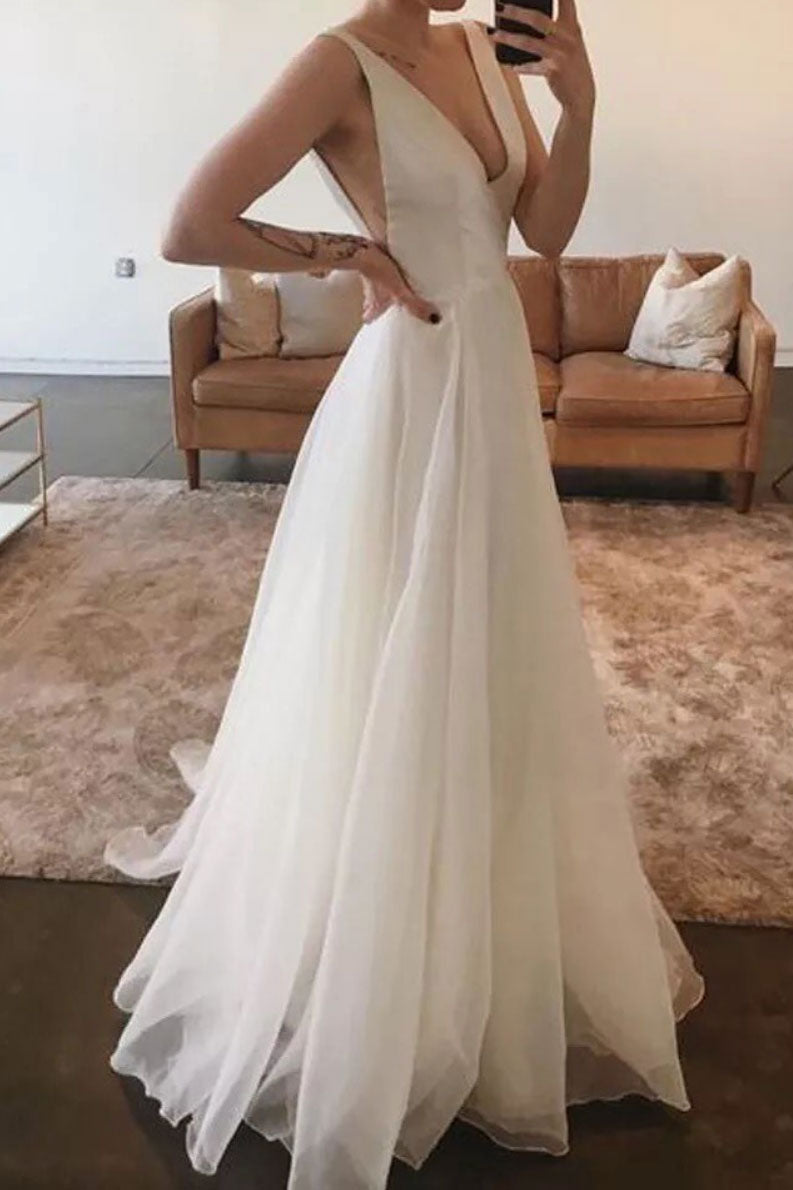 Deep V Neck Tulle Dress White