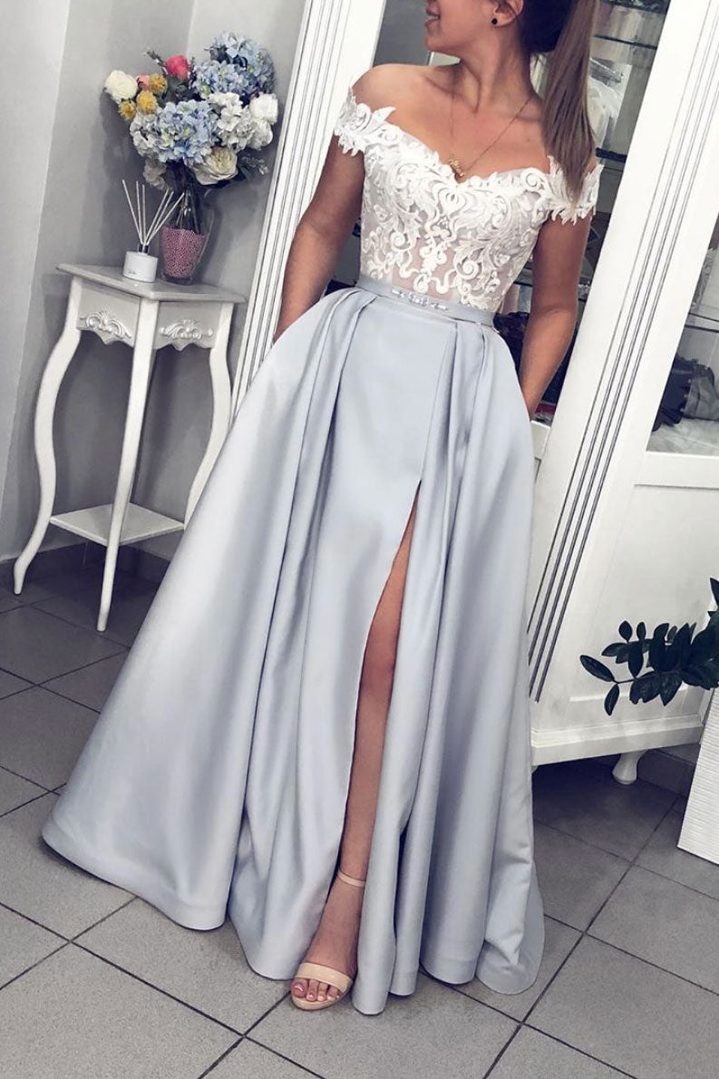 Elegant Grey One Shoulder Satin Applique Long Prom Dresses Formal Dress, OL712