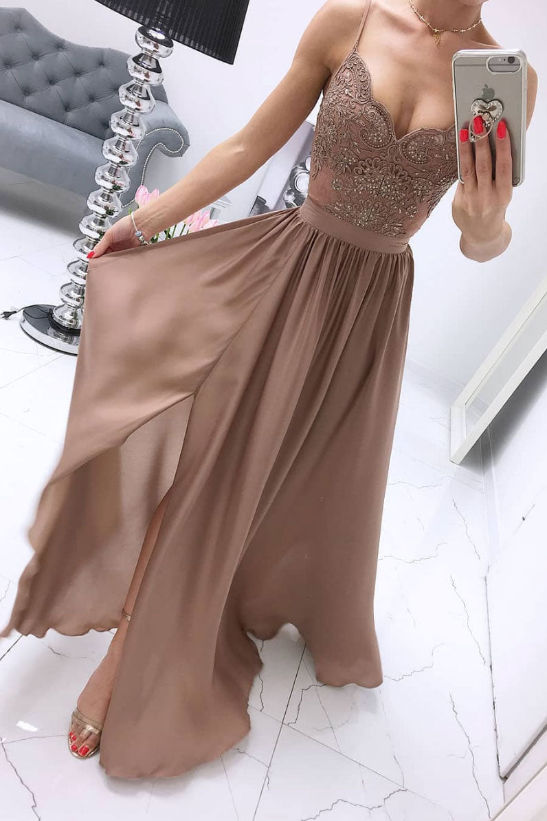 Champagne chiffon lace long prom dress, champagne bridesmaid dress Y46 main image 1