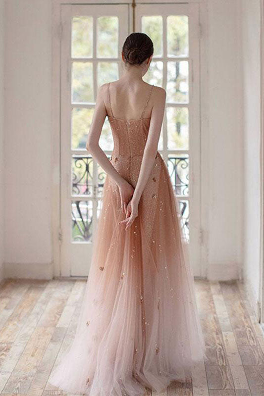 Pretty Strapless Pink Tulle Sequin Beaded Long Party Dress Prom Gown