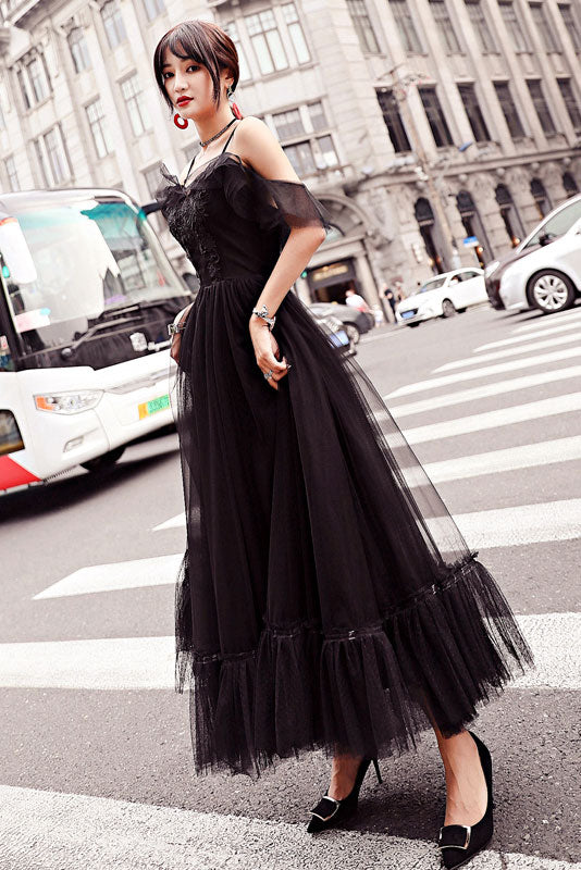Black tulle lace tea length prom dress, lace tulle evening dress – shdress