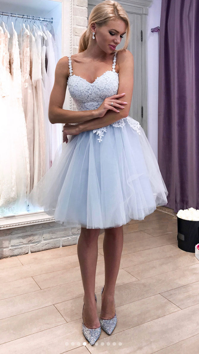 blue tulle lace short prom dress blue tulle cocktail dress       S3270 main image 1