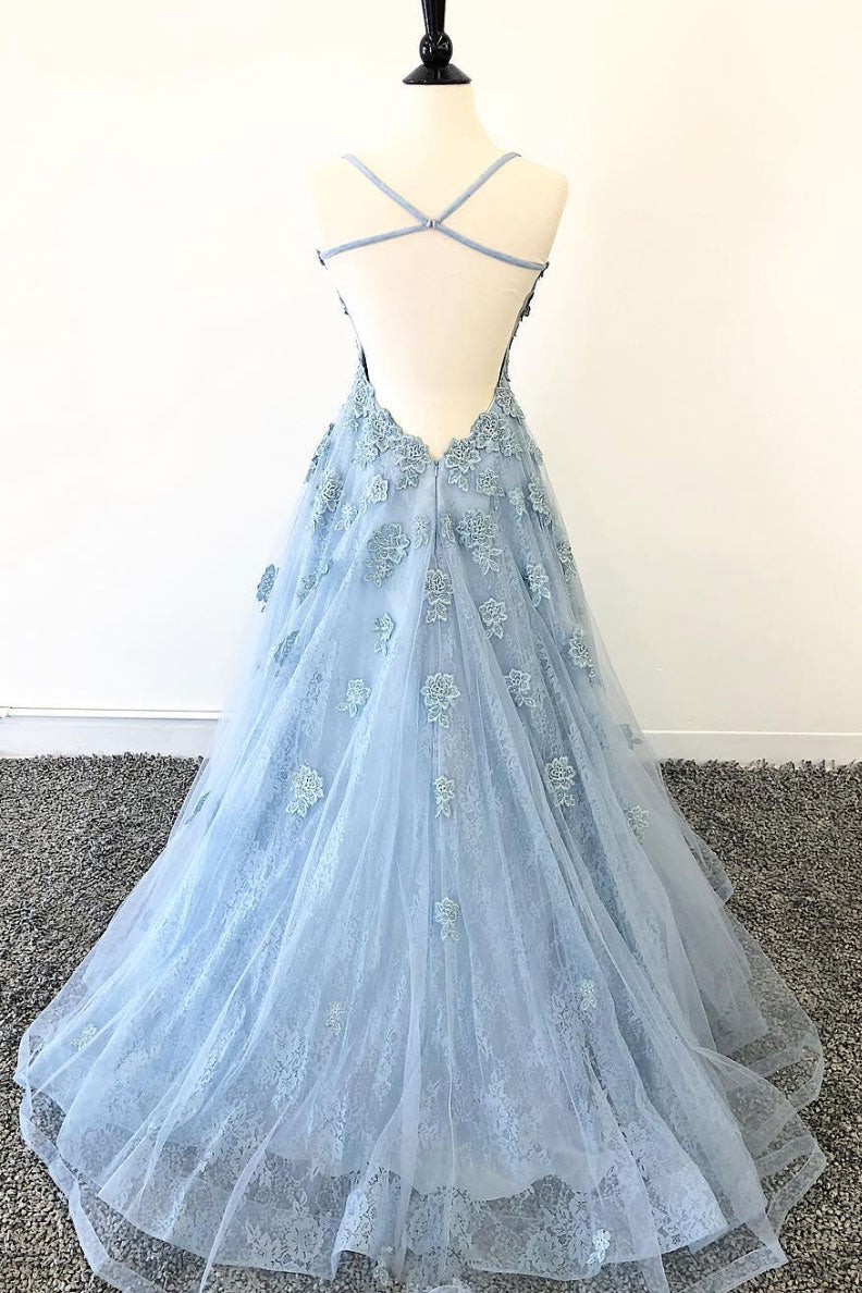 Blue tulle lace long prom dress blue tulle formal dress BD68
