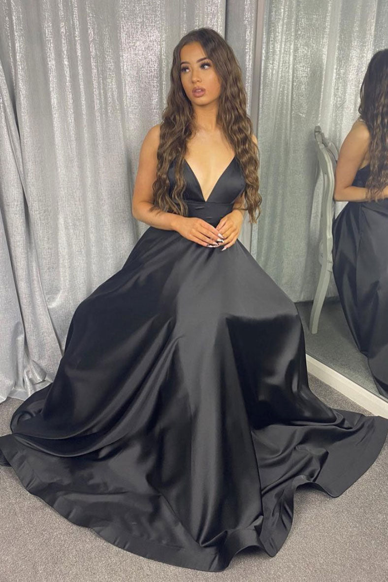 Simple black v neck satin long prom dress black evening dress – shdress