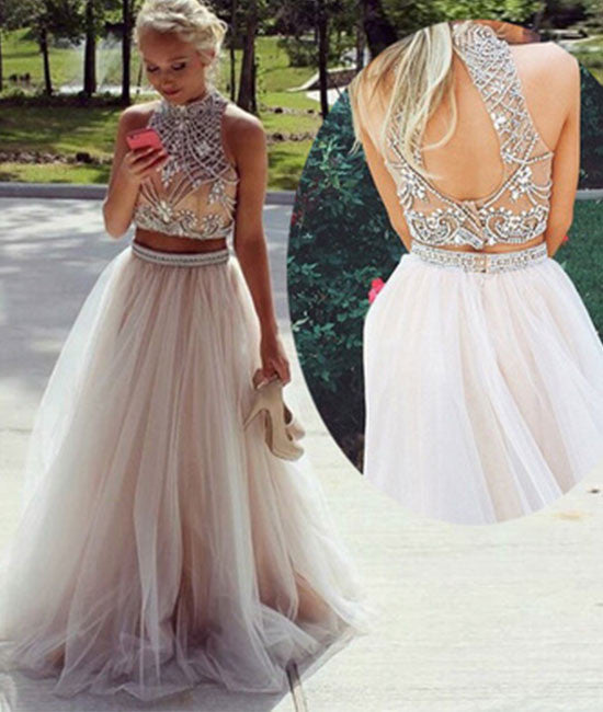 Champagne tulle beaded 2 pieces long prom dresses, formal dresses - shdress