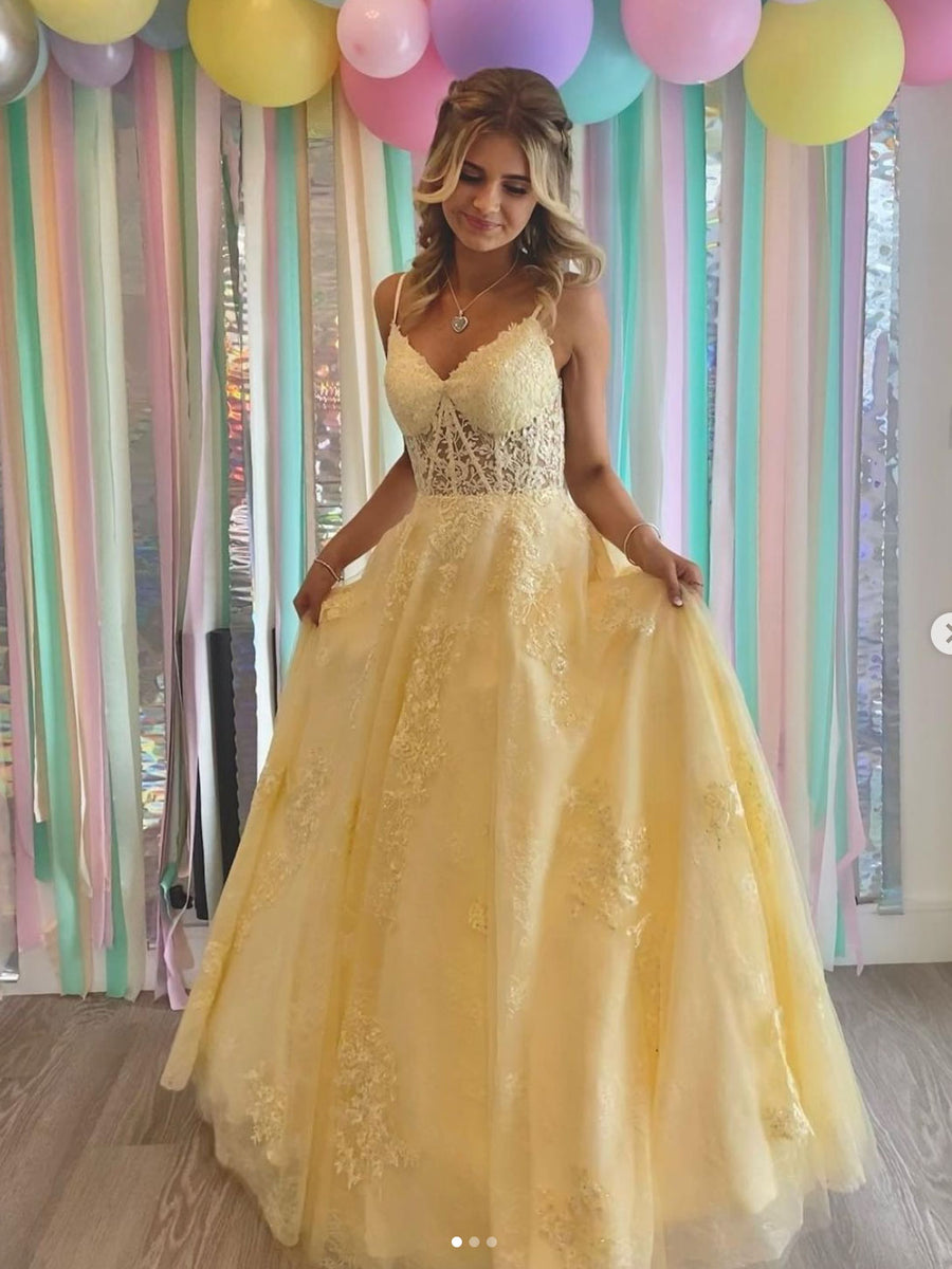 Yellow v neck tulle lace long prom dress, yellow formal dress  shdress