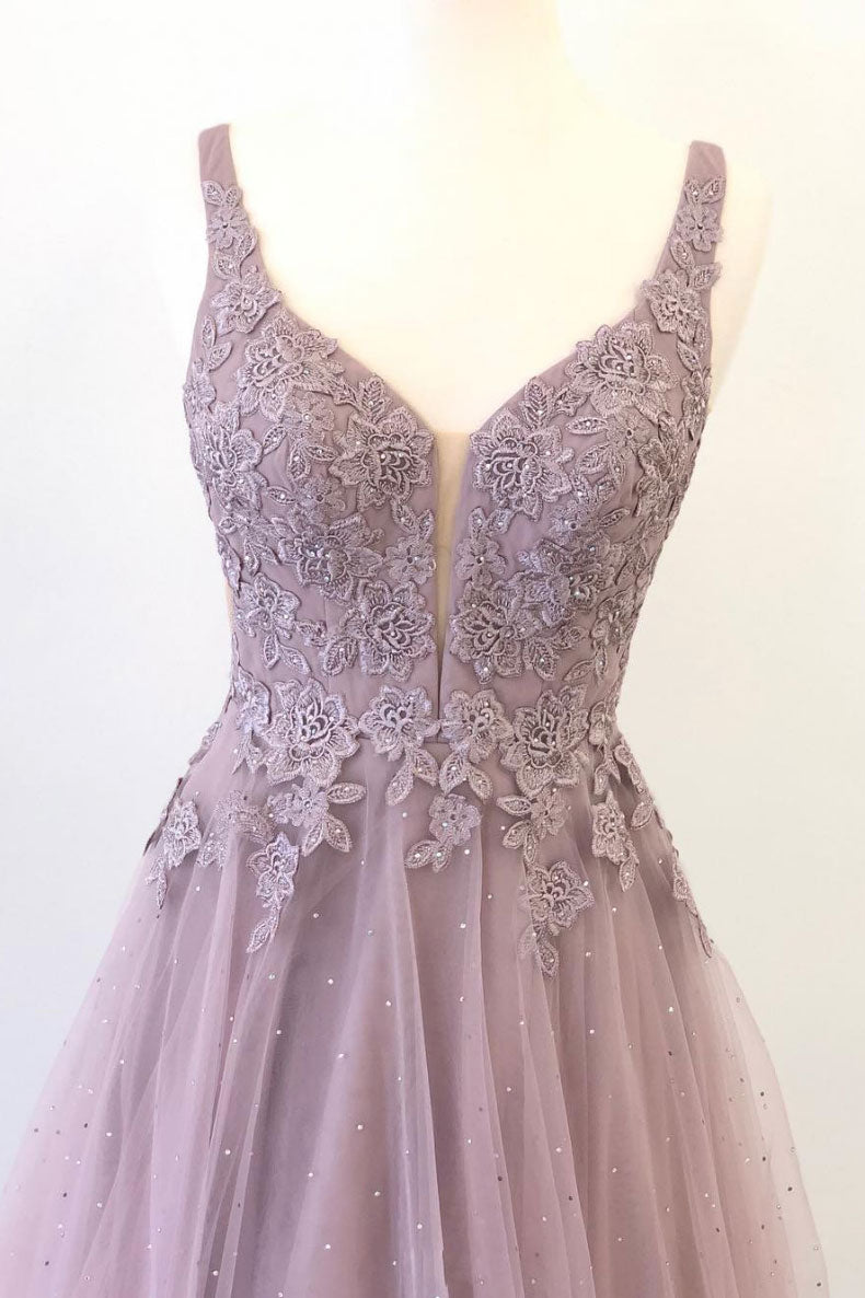V-Neck Tulle Lace Long Prom Dress Evening Formal Gown