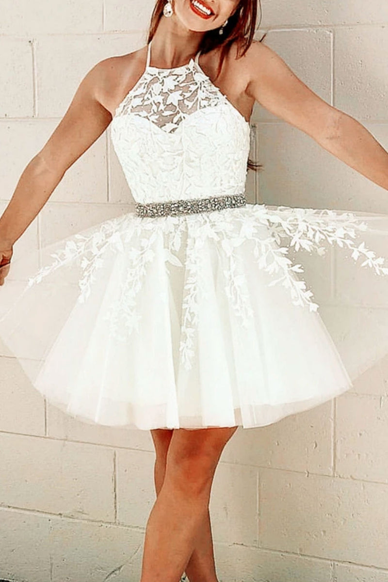 white short homecoming dress White tulle lace short prom dress white lace homecoming dress – shdress