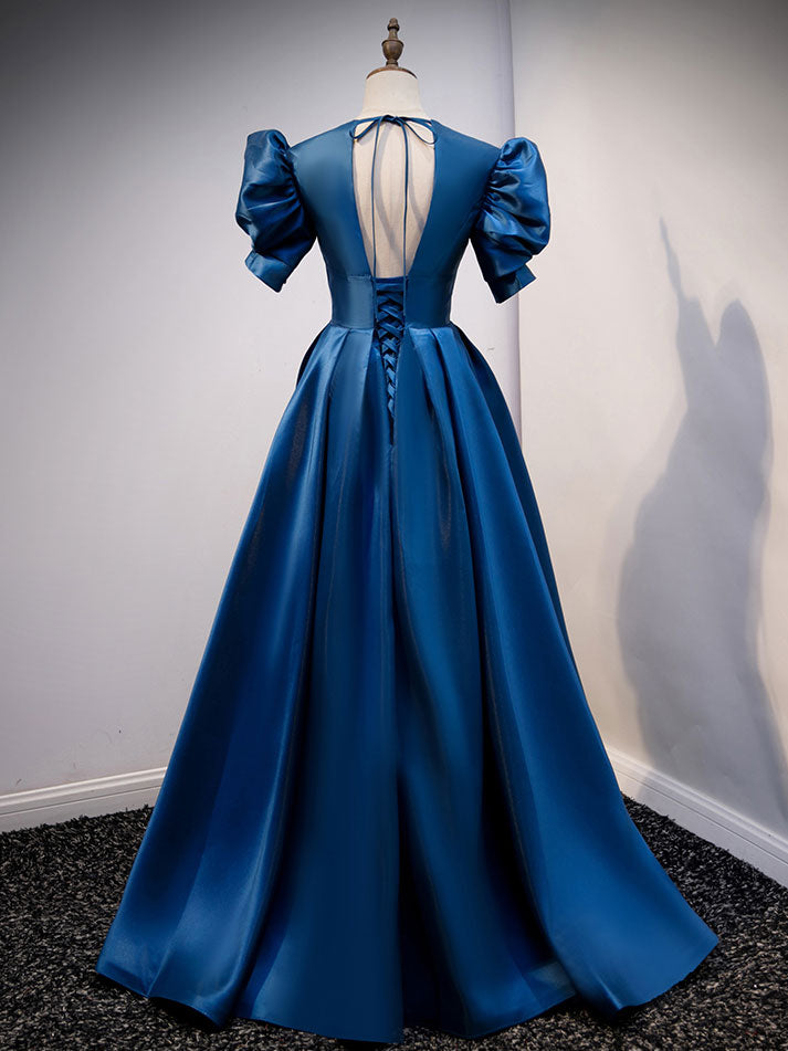 Blue V Neck Satin Long Prom Dress Blue Evening Dress main image 1