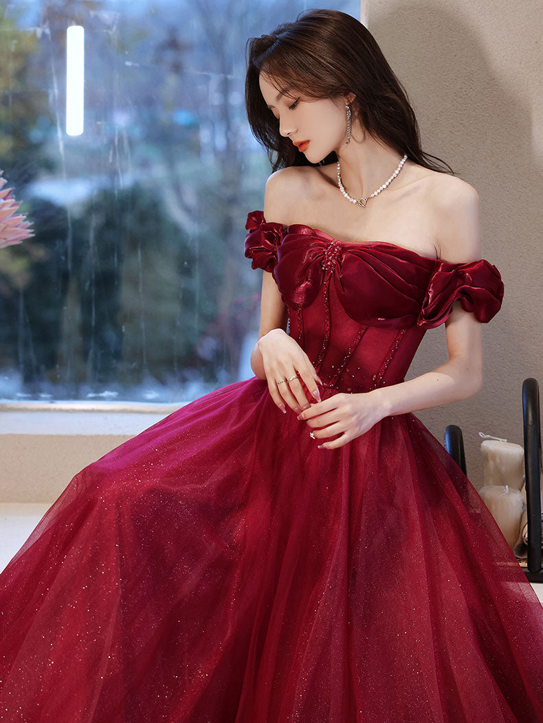 off the shoulder burgundy long dress tulle prom dress, burgundy evening Elegant Dress for Grandma's seamed bodice (with hidden EossAdsCarouselCollection Value:$450