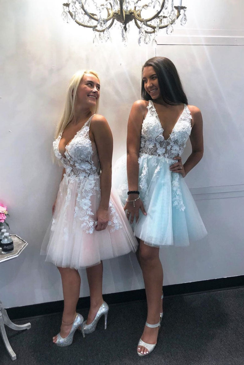 Pink v neck tulle lace short prom dress, Slim-fit homecoming dress main image 1