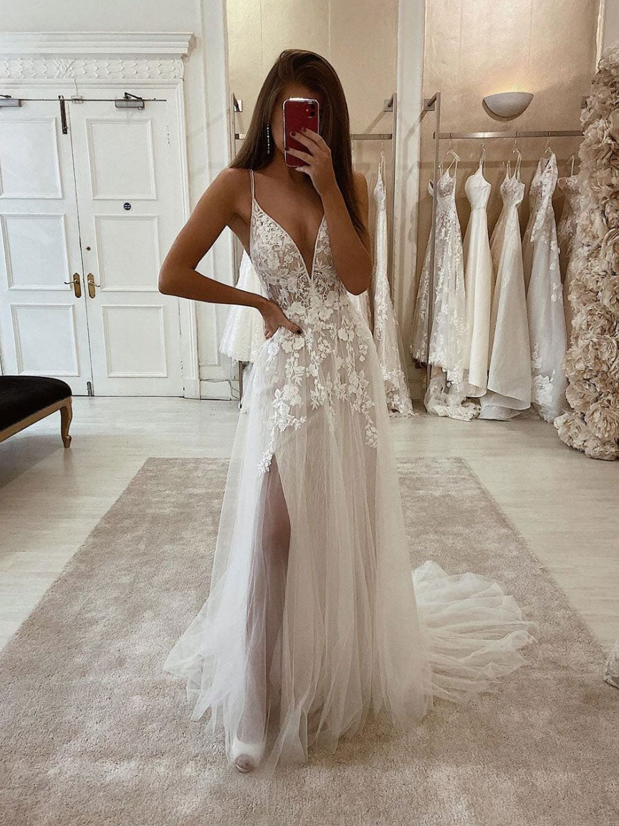 White v neck tulle lace long prom dress, white lace evening dress – shdress