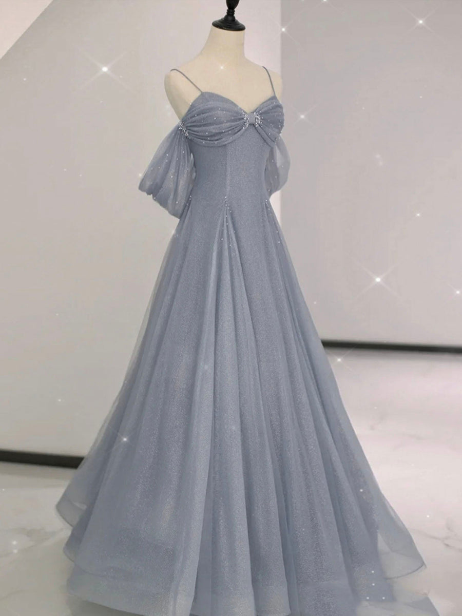 gray off the shoulder prom dress Gray A line tulle off shoulder prom dress, gray long evening dress – shdress
