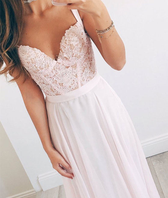 Pink Sweetheart A-line chiffon lace long prom dress, formal dress - shdress