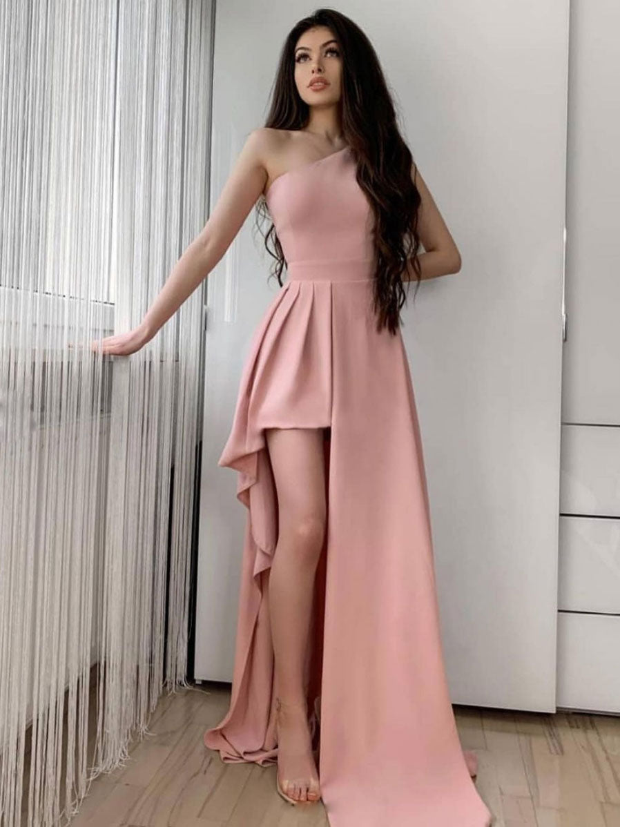Newest One-shoulder Pink Velvet Cheap Long Prom Dress, PD0017