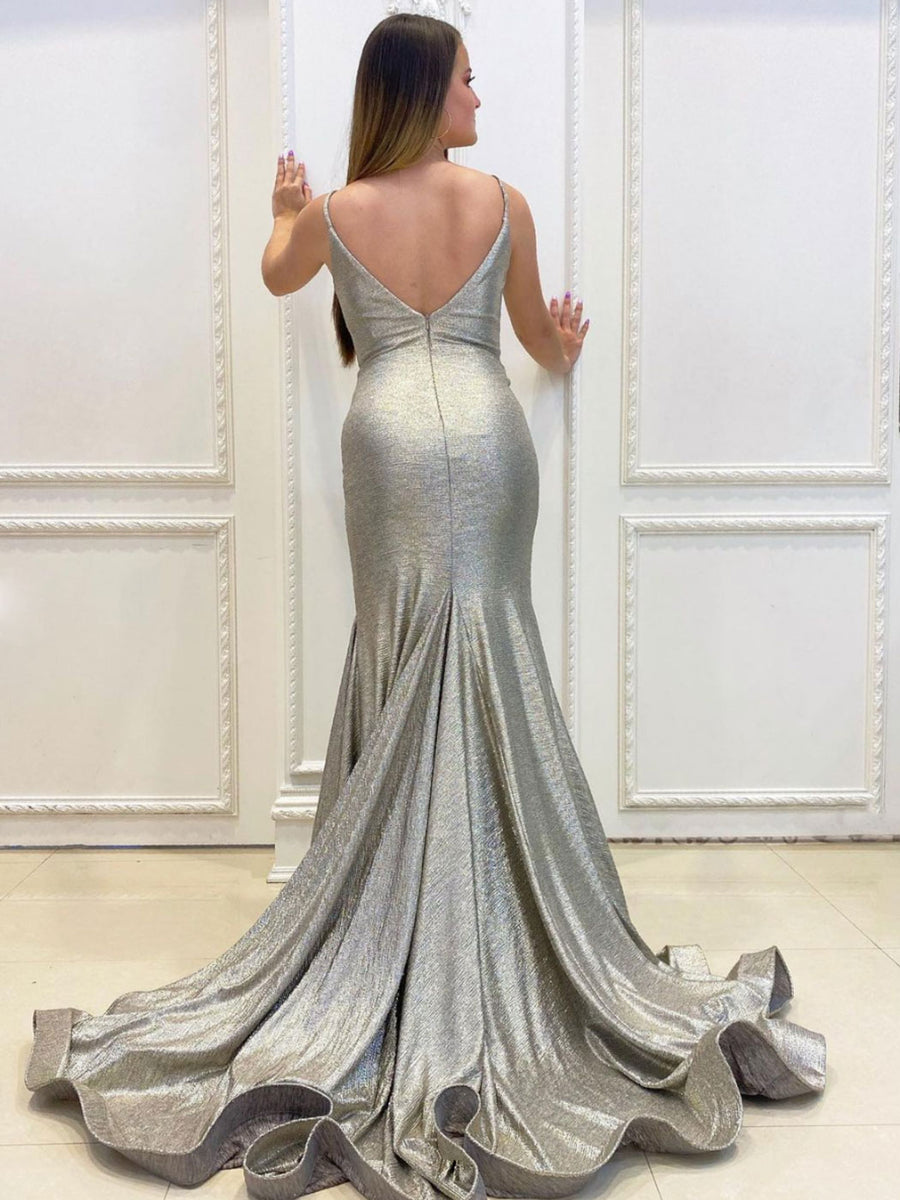 strapless open back dress Simple gray v neck mermaid long prom dress, mermaid evening dress – shdress
