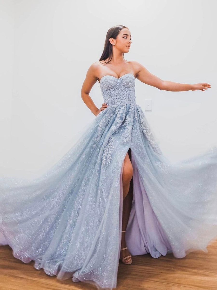 A-Line Sweetheart Neck Blue Long Prom Dresses, Blue Formal Graduation