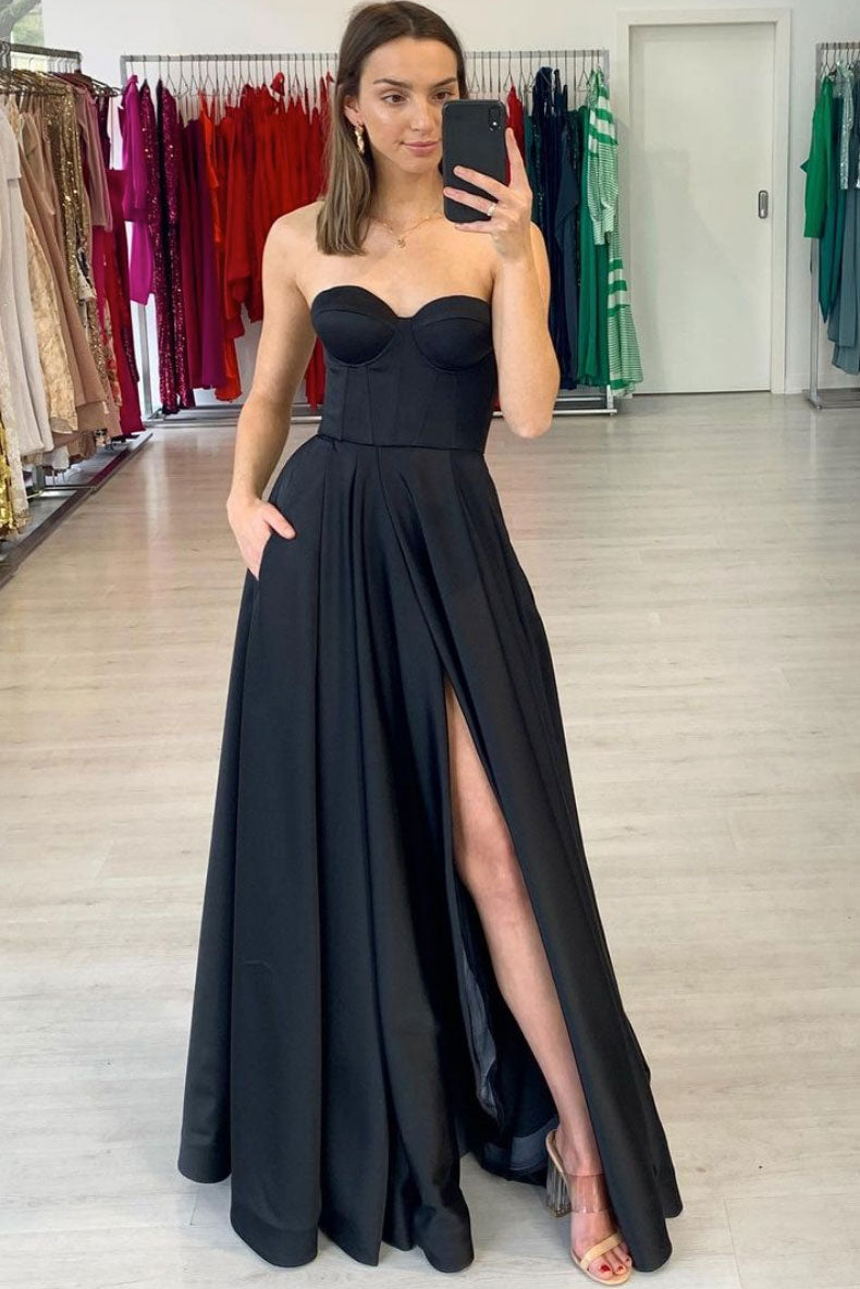 Simple black satin long prom dress black satin evening dress – shdress