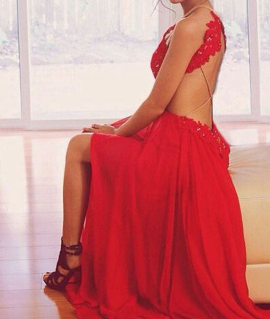 A-line Red Lace Backless Long Prom Dress,Evening Dress - shdress