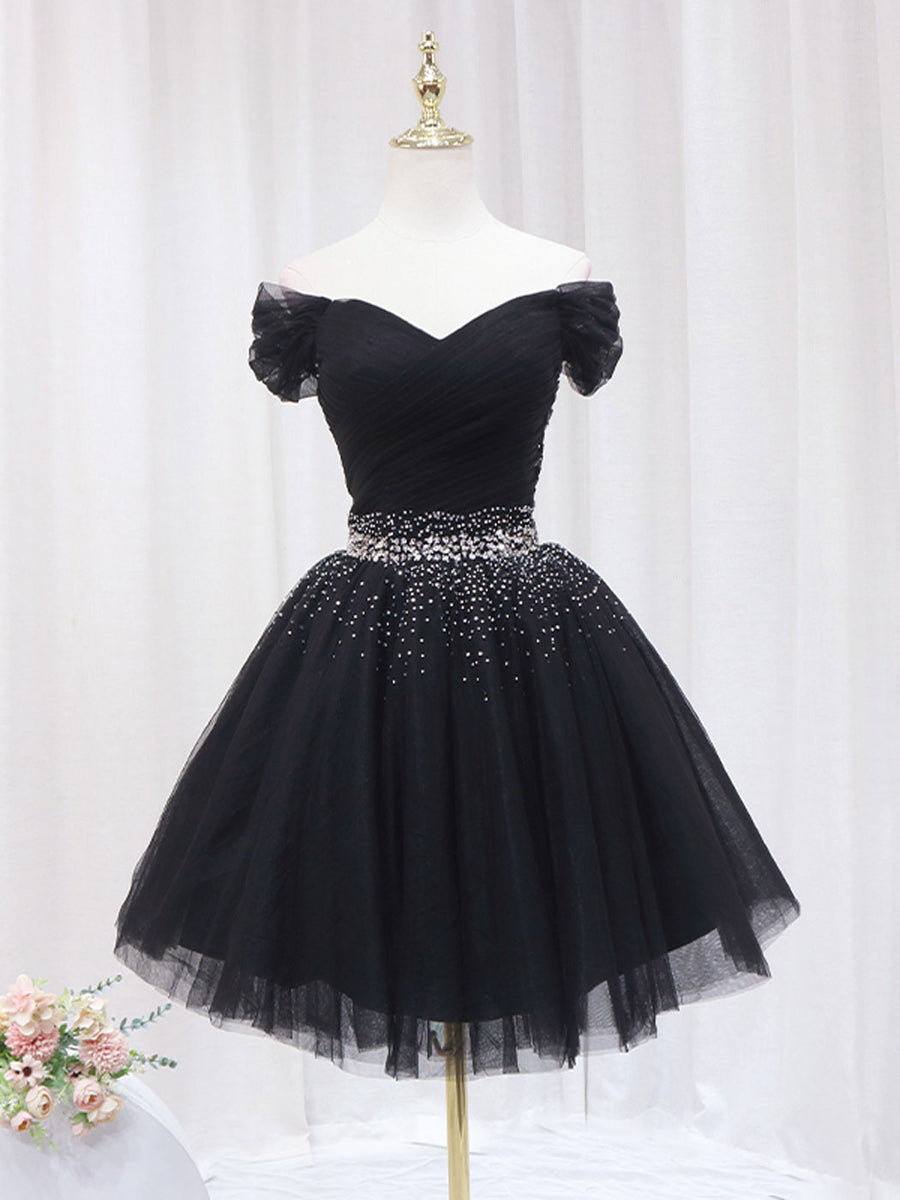 Black Off Shoulder Tulle Sequin Short Prom Dress, Black Homecoming Dre