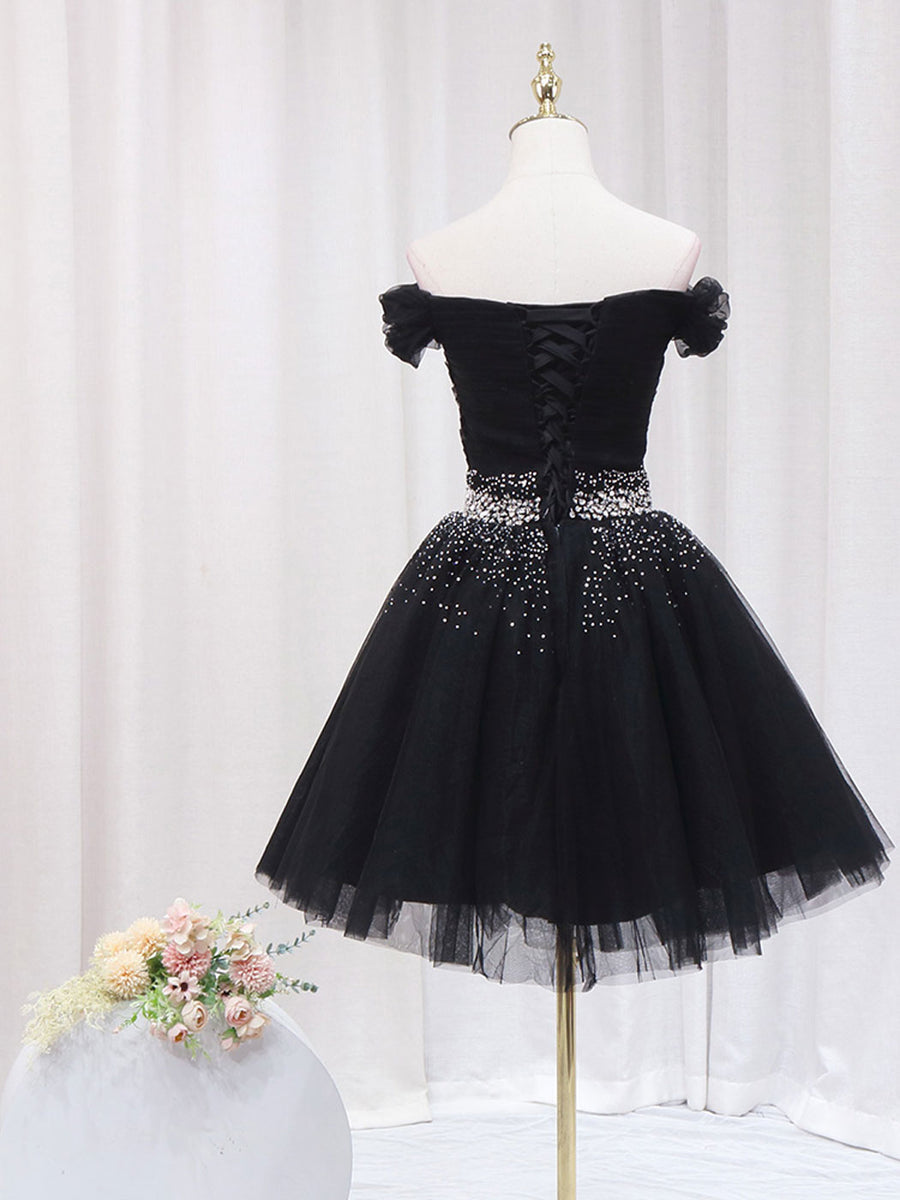 Black Off Shoulder Tulle Sequin Short Prom Dress, Black Homecoming Dre