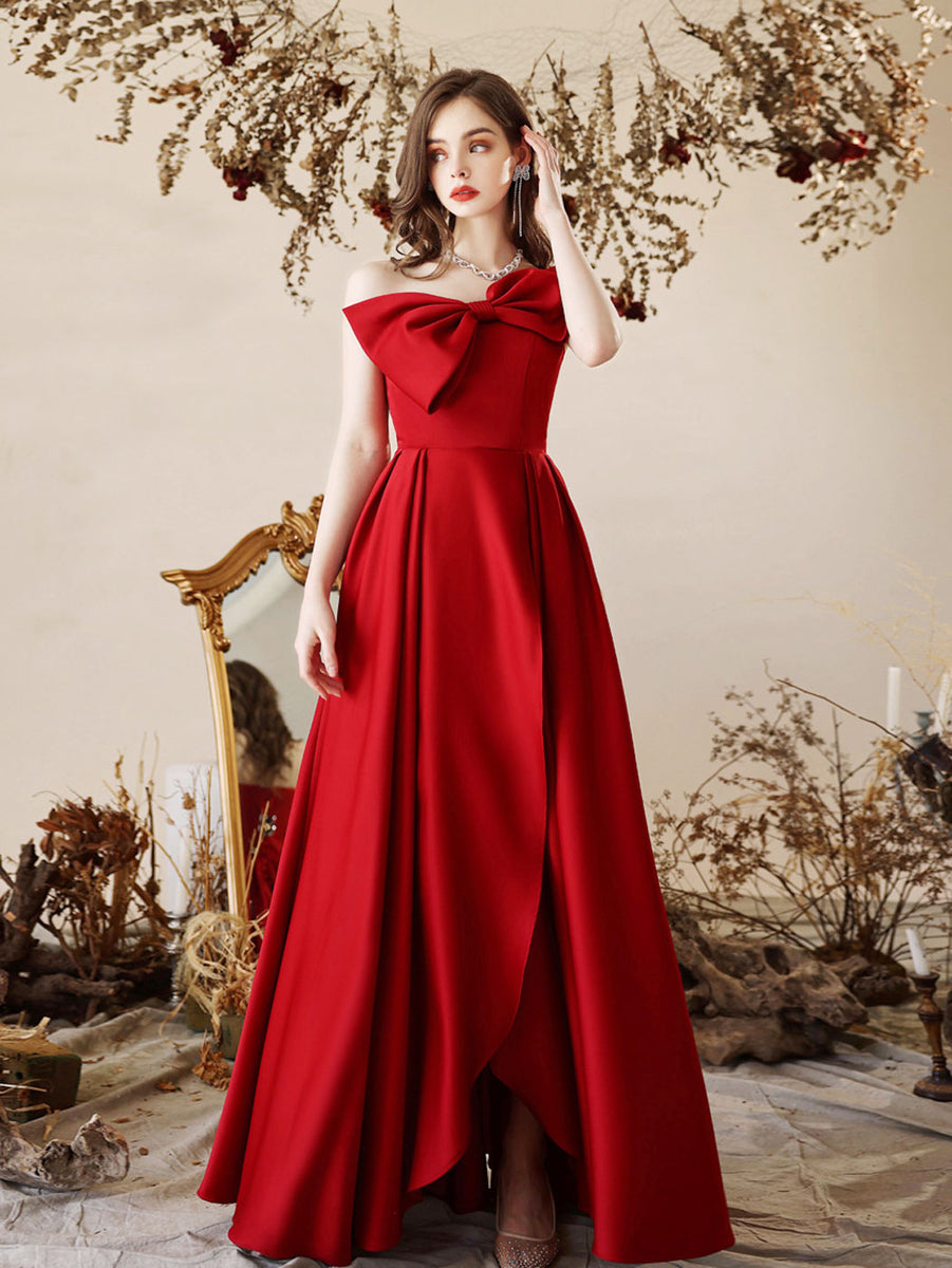 Elegant A Line Straps Burgundy Satin Long Prom Dresses Party Dresses main image 1