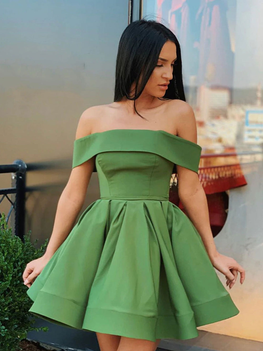 Simple green off shoulder satin short prom dress green homecoming dress