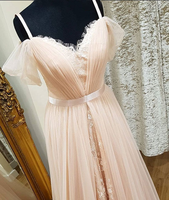Pink sweetheart neck tulle long prom dress, pink evening dress - shdress
